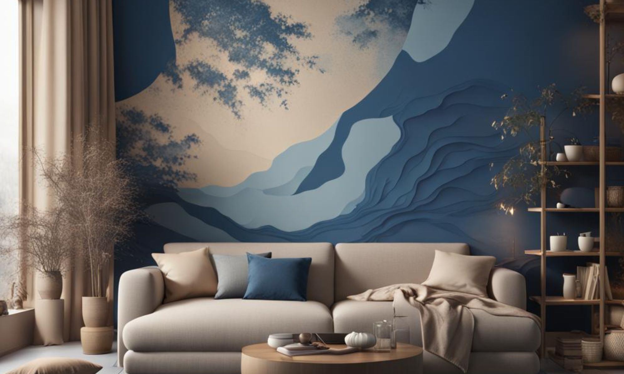 Minimalist designer header 2000 x 1200 px AI Japandi hygge blue beige - the place where minimalism meets coastal