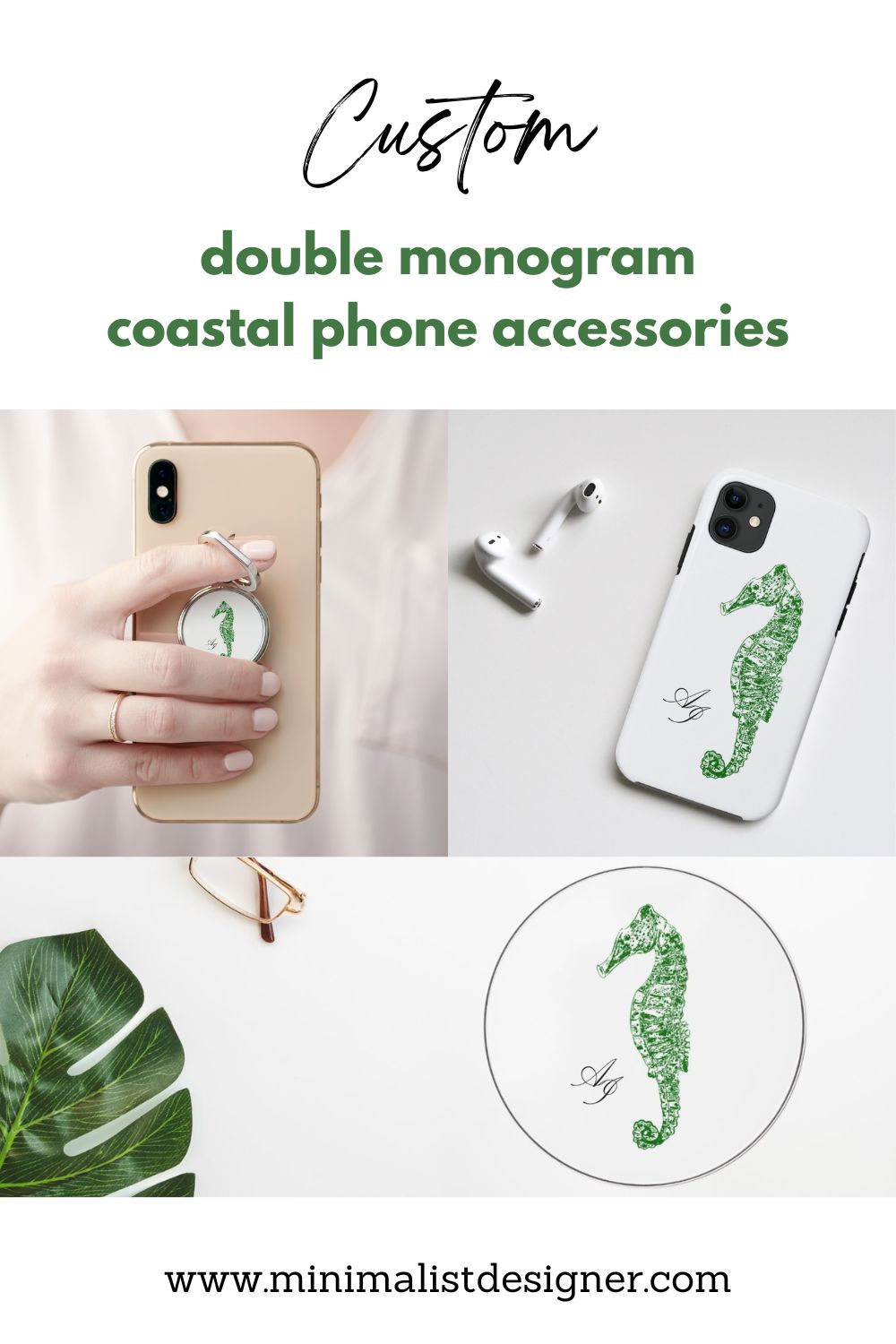 Custom double monogram coastal phone accessories, creative iphone case, cool phone cases, iphone cases aesthetic, samsung phone cases, coastal aesthetic, ocean creatures, sea horse drawing, seahorse art, deep green aesthetic, dark green aesthetic, custom wireless chargers, smartphone ring holder, phone stand, monogram monogrammed, modern simple chic, trendy create your own, elegant beach dark green minimalist, watercolor seahorse simple minimalism coastal sea marine ocean nautical double initials, dark green seaweed color
