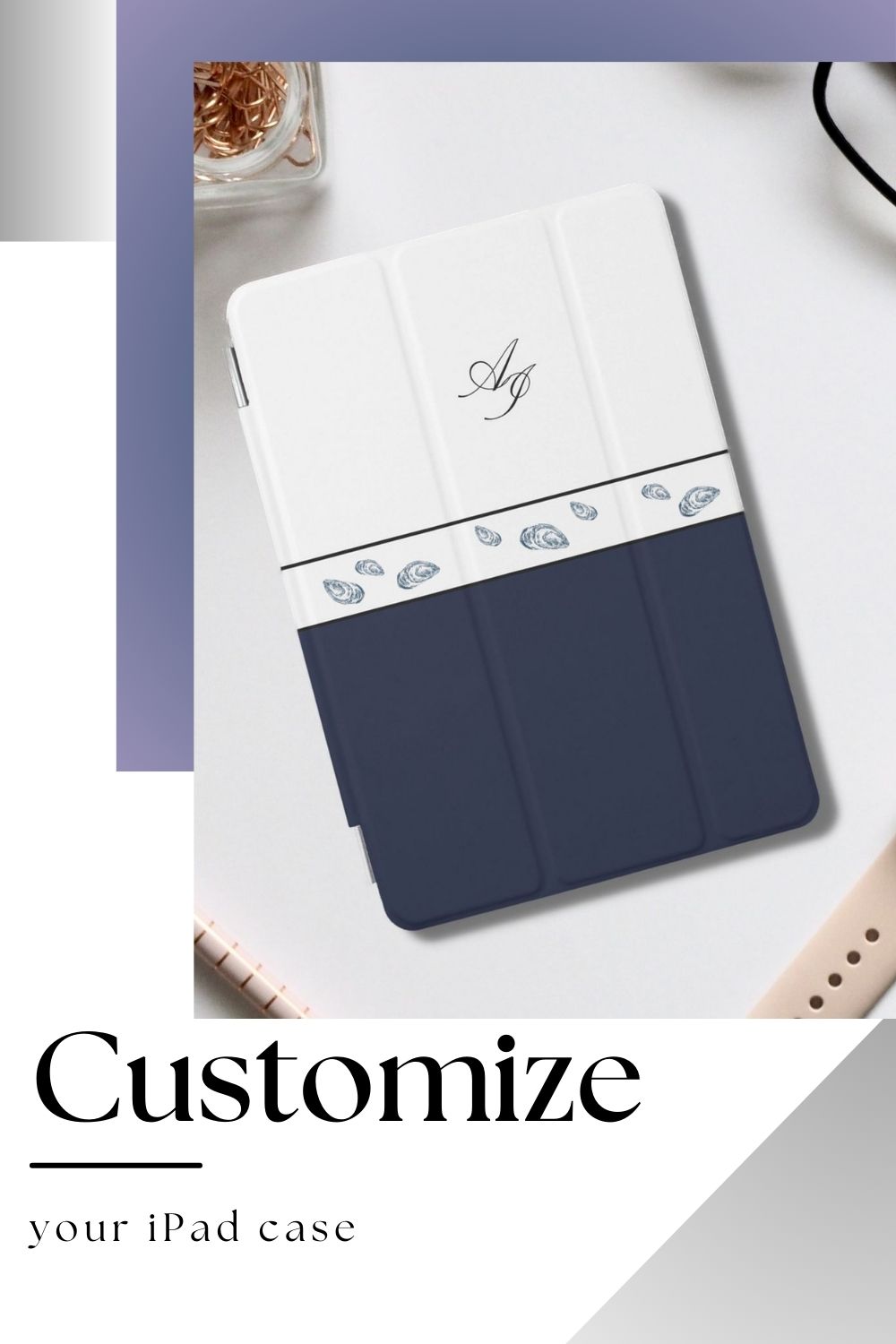 Customize your iPad case with your initials on this blue coastal cover, ipad case aesthetic, ipad cases, ipad accessories, tablet cover, mussels, dark blue aesthetic, coastal style, coastal decor, coastal grandmother aesthetic, coastal aesthetic, minimalist aesthetic, minimalism